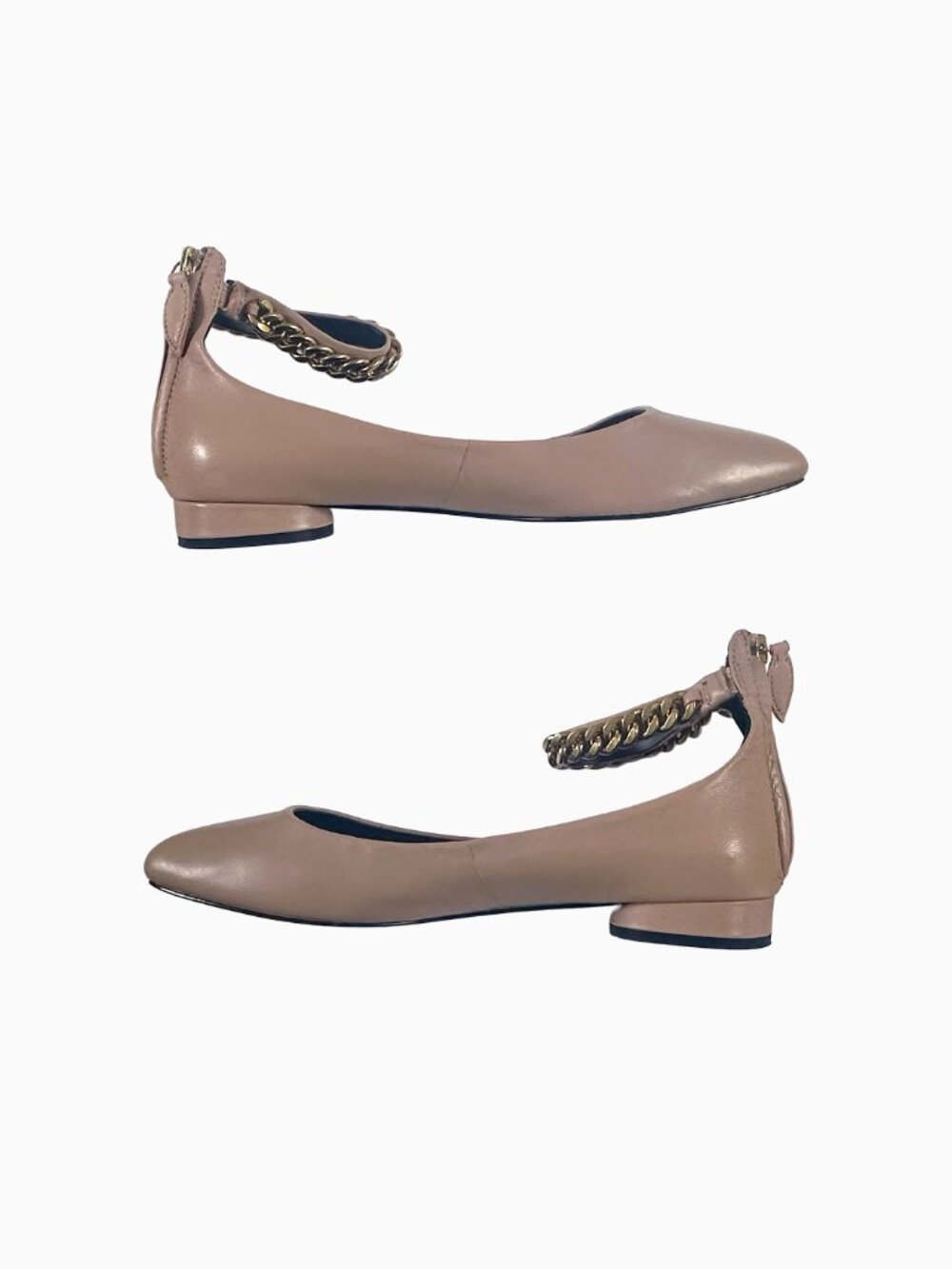 Rebecca Minkoff Raakel Nude Leather Chain Ankle Strap Ballet Flats 7.5 Back Zip